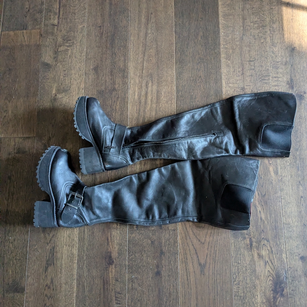 Over-the-Knee Black Chunky Sole Real Leather Boots